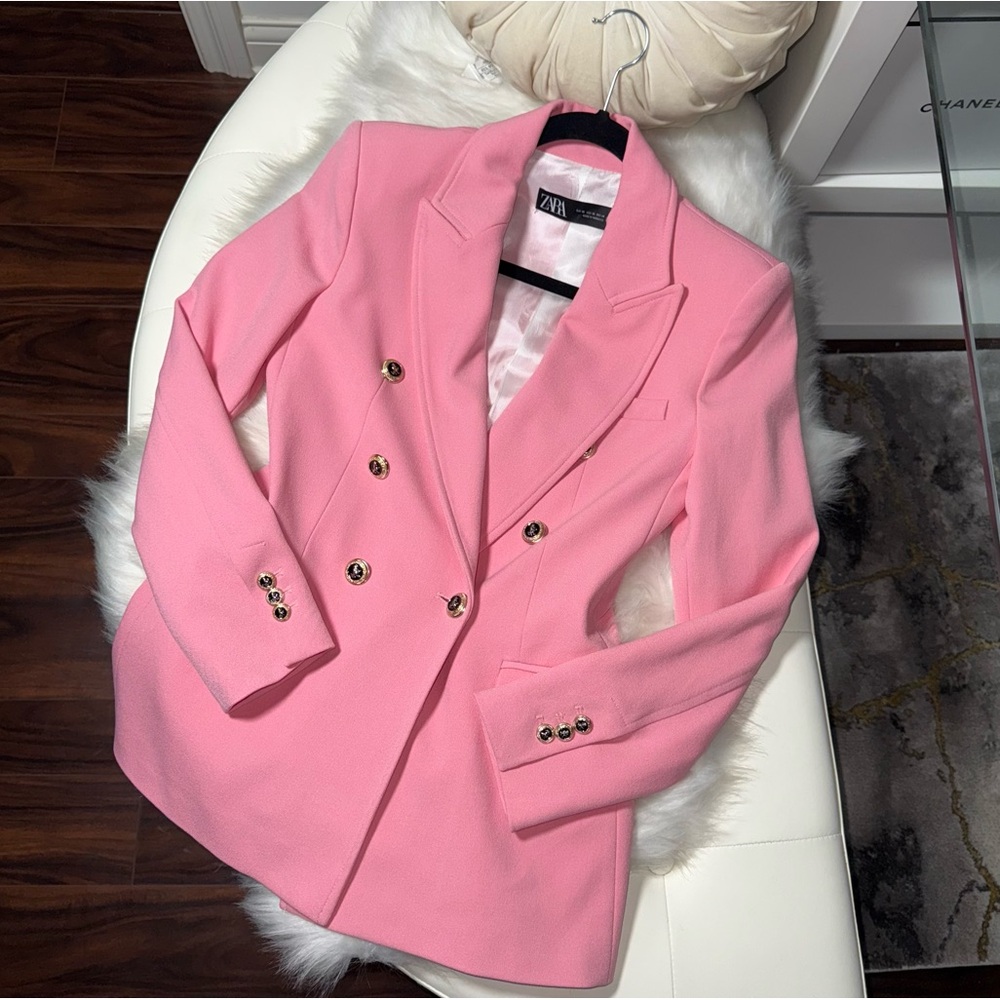 ZARA Double-Breasted Pink Crepe Blazer - Picture 4 of 17
